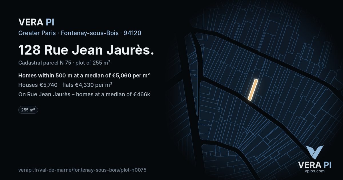 128 Rue Jean Jaurès, Fontenay-sous-Bois at night – the plot lit, the parcels around coloured by the prices near them