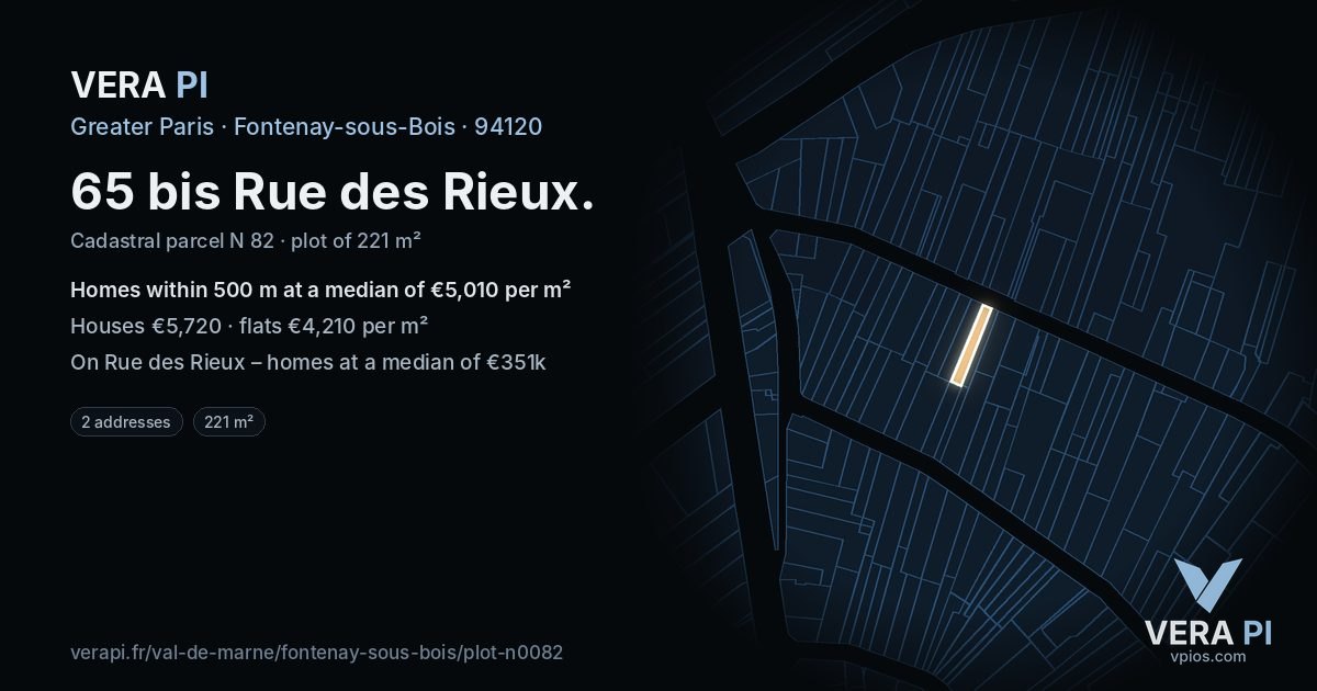 65 bis Rue des Rieux, Fontenay-sous-Bois at night – the plot lit, the parcels around coloured by the prices near them