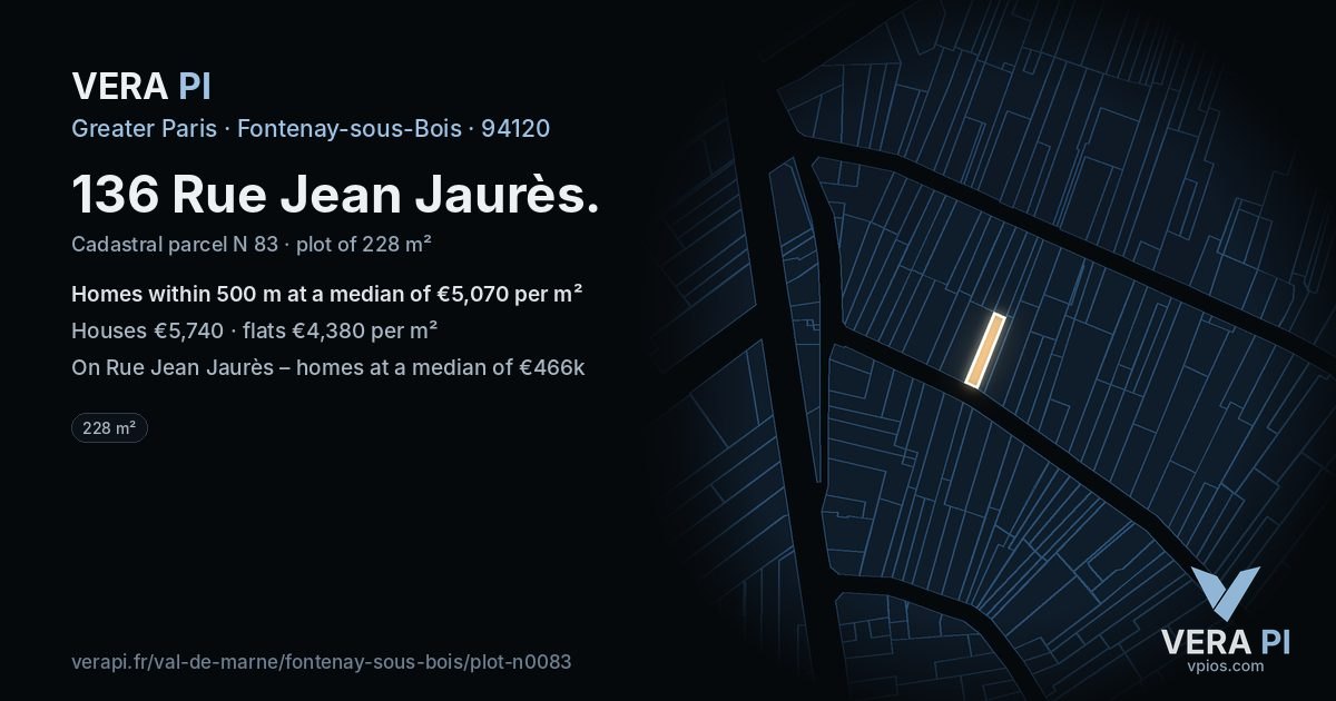 136 Rue Jean Jaurès, Fontenay-sous-Bois at night – the plot lit, the parcels around coloured by the prices near them