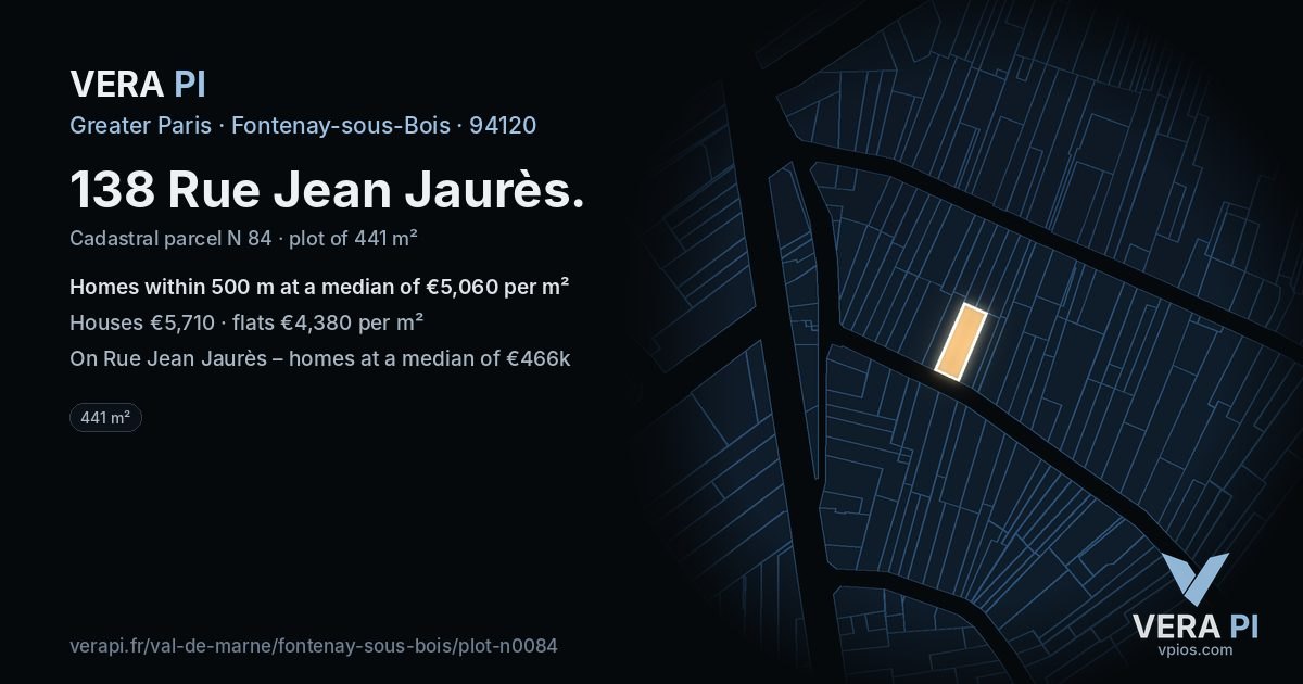 138 Rue Jean Jaurès, Fontenay-sous-Bois at night – the plot lit, the parcels around coloured by the prices near them