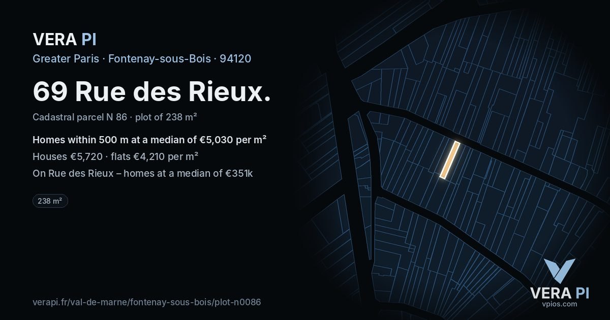 69 Rue des Rieux, Fontenay-sous-Bois at night – the plot lit, the parcels around coloured by the prices near them