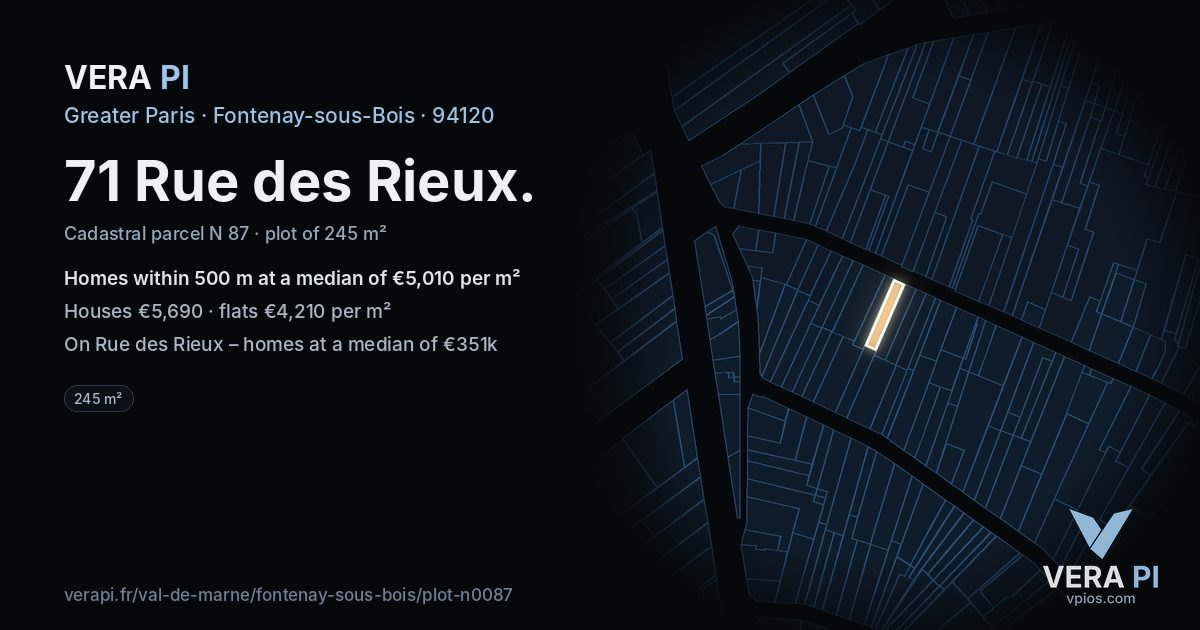 71 Rue des Rieux, Fontenay-sous-Bois at night – the plot lit, the parcels around coloured by the prices near them