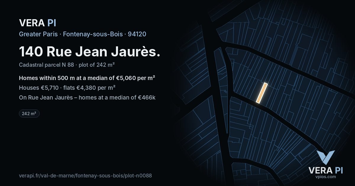 140 Rue Jean Jaurès, Fontenay-sous-Bois at night – the plot lit, the parcels around coloured by the prices near them