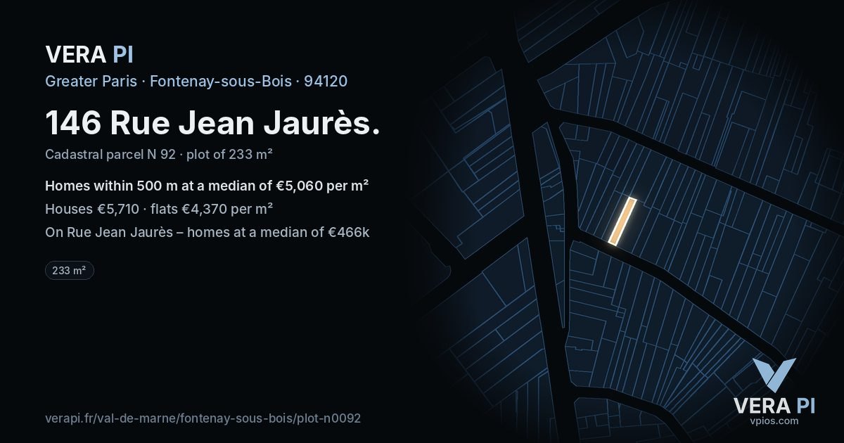 146 Rue Jean Jaurès, Fontenay-sous-Bois at night – the plot lit, the parcels around coloured by the prices near them
