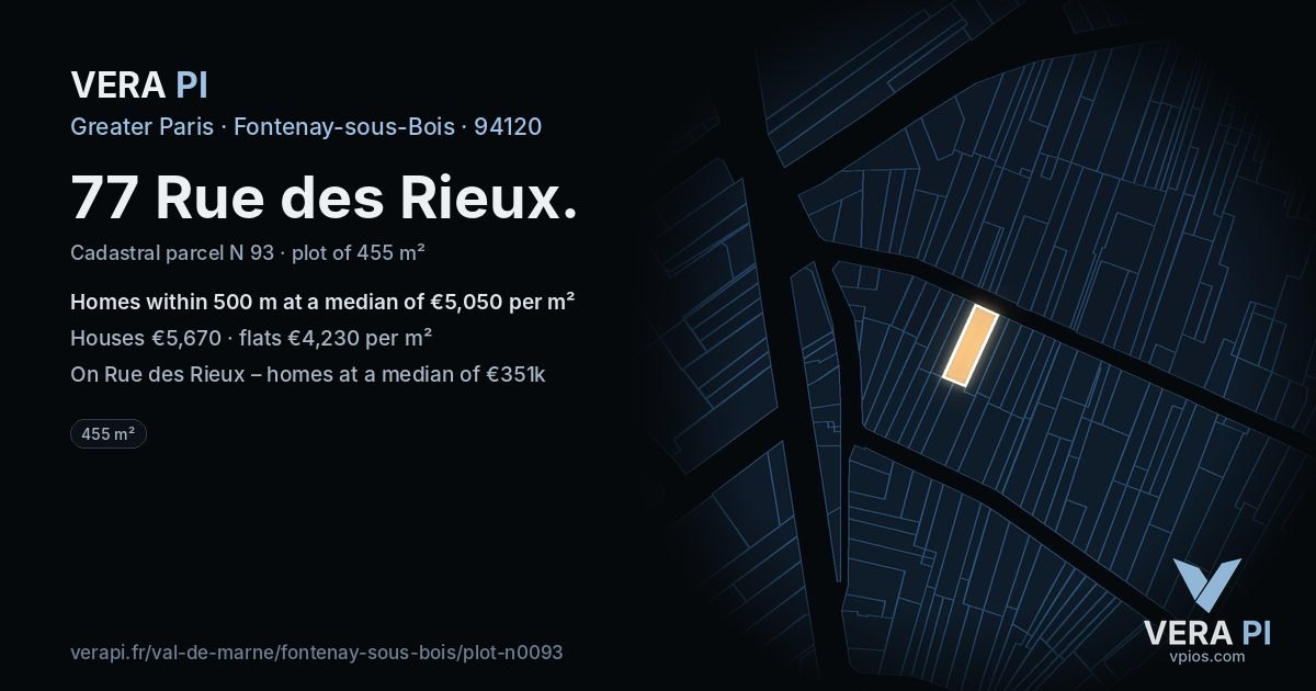 77 Rue des Rieux, Fontenay-sous-Bois at night – the plot lit, the parcels around coloured by the prices near them