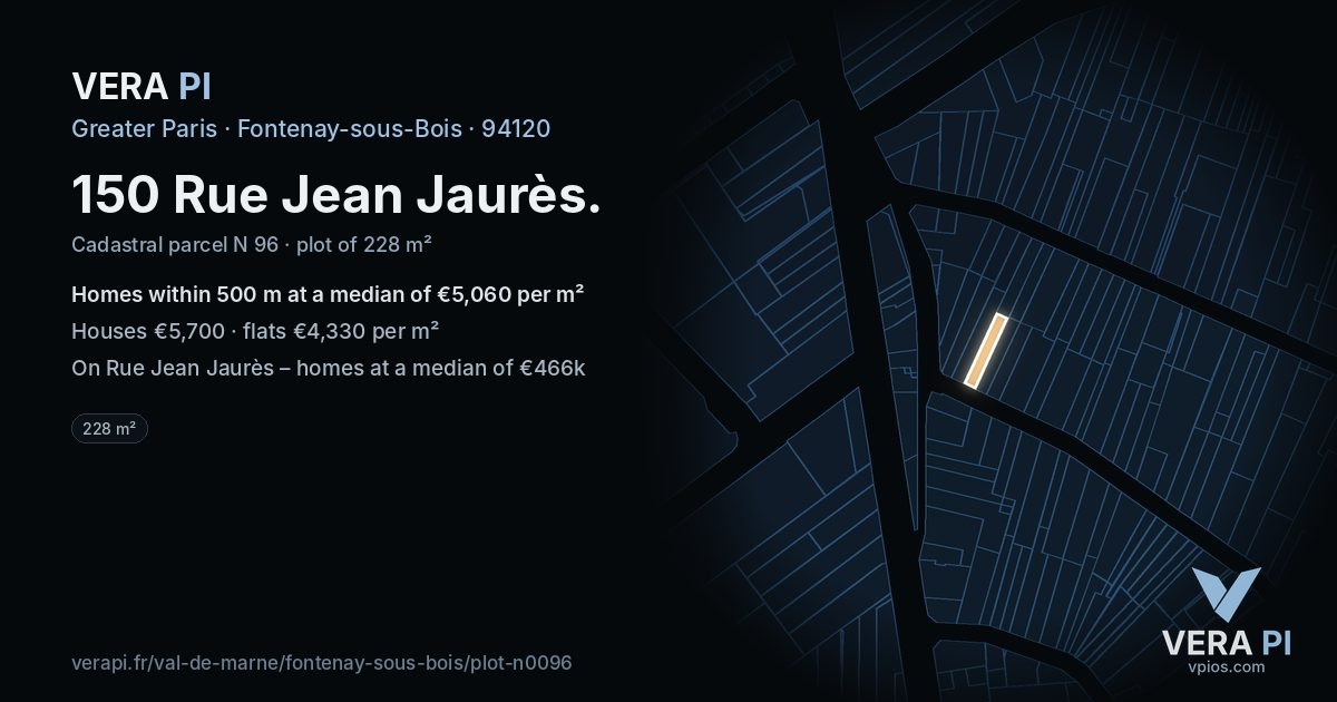 150 Rue Jean Jaurès, Fontenay-sous-Bois at night – the plot lit, the parcels around coloured by the prices near them