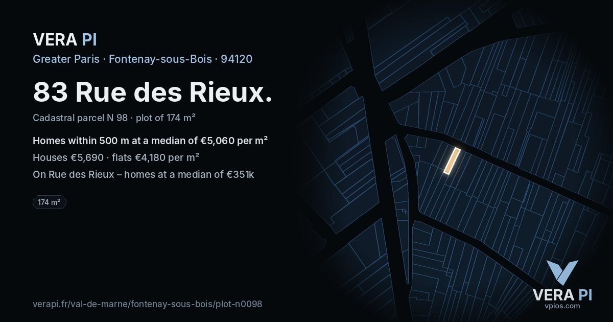 83 Rue des Rieux, Fontenay-sous-Bois at night – the plot lit, the parcels around coloured by the prices near them