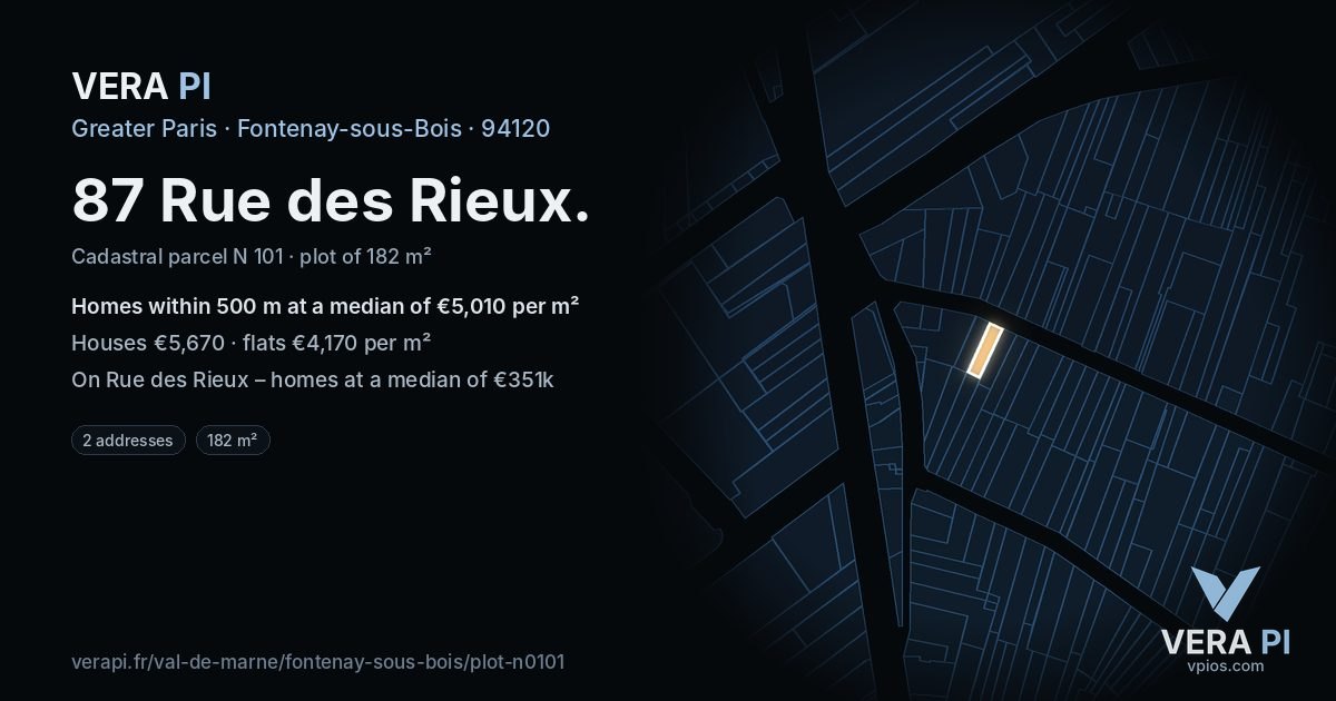 87 Rue des Rieux, Fontenay-sous-Bois at night – the plot lit, the parcels around coloured by the prices near them