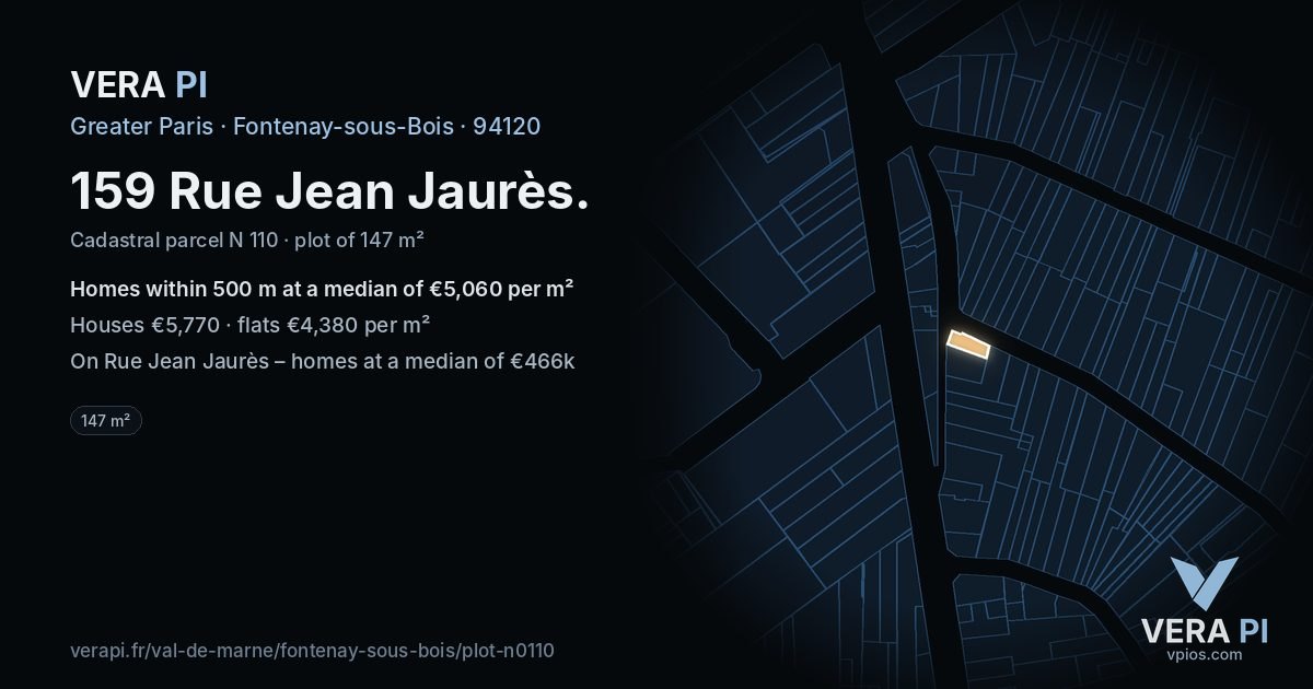 159 Rue Jean Jaurès, Fontenay-sous-Bois at night – the plot lit, the parcels around coloured by the prices near them