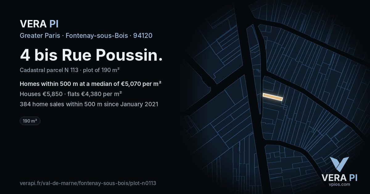4 bis Rue Poussin, Fontenay-sous-Bois at night – the plot lit, the parcels around coloured by the prices near them