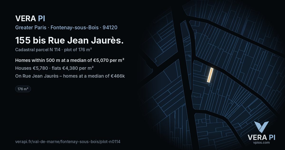 155 bis Rue Jean Jaurès, Fontenay-sous-Bois at night – the plot lit, the parcels around coloured by the prices near them
