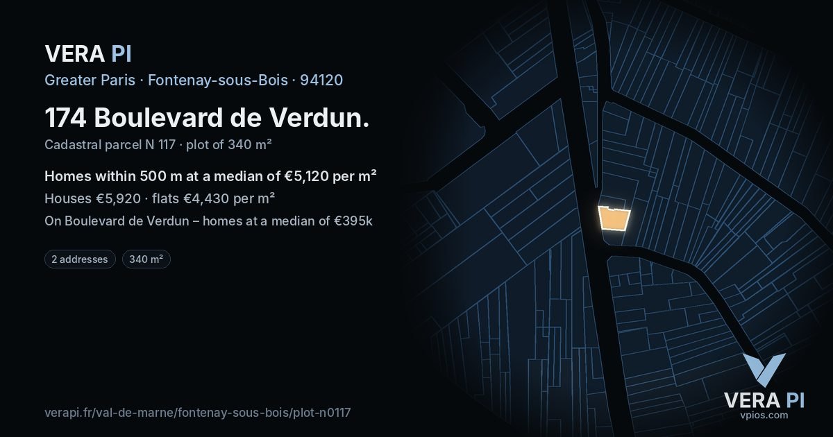174 Boulevard de Verdun, Fontenay-sous-Bois at night – the plot lit, the parcels around coloured by the prices near them
