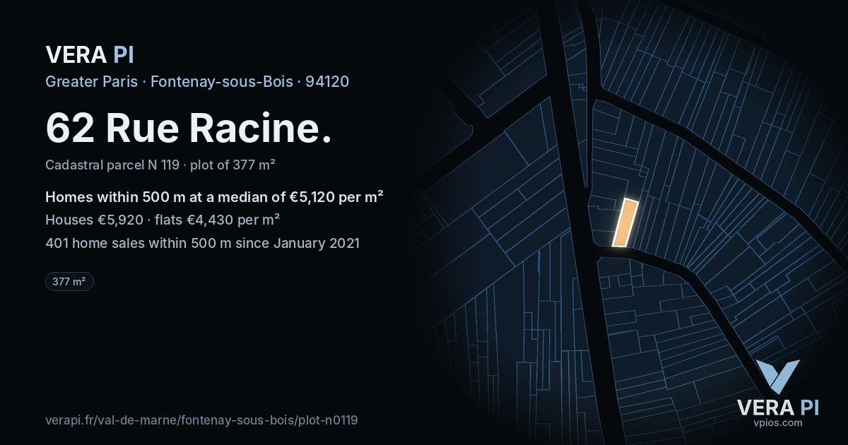 62 Rue Racine, Fontenay-sous-Bois at night – the plot lit, the parcels around coloured by the prices near them