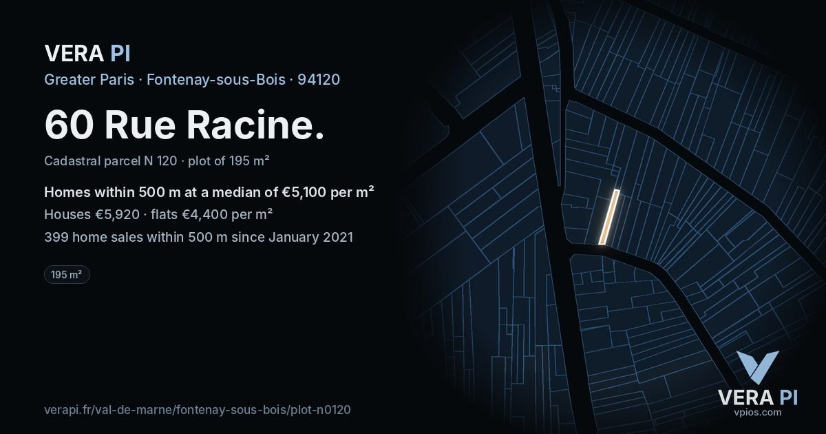 60 Rue Racine, Fontenay-sous-Bois at night – the plot lit, the parcels around coloured by the prices near them