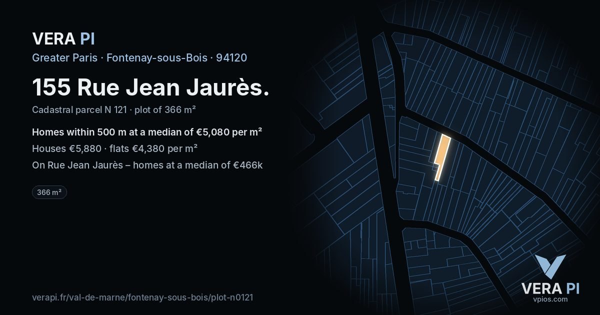 155 Rue Jean Jaurès, Fontenay-sous-Bois at night – the plot lit, the parcels around coloured by the prices near them