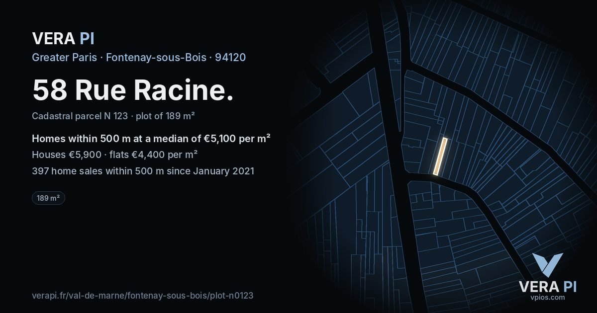 58 Rue Racine, Fontenay-sous-Bois at night – the plot lit, the parcels around coloured by the prices near them