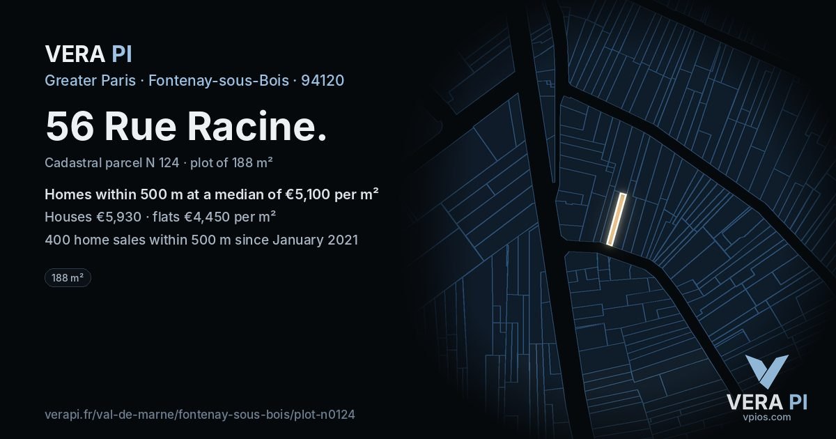 56 Rue Racine, Fontenay-sous-Bois at night – the plot lit, the parcels around coloured by the prices near them