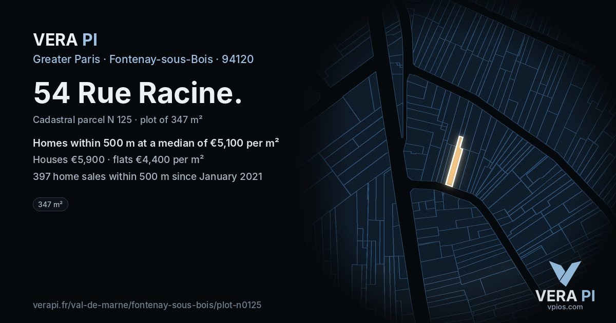 54 Rue Racine, Fontenay-sous-Bois at night – the plot lit, the parcels around coloured by the prices near them