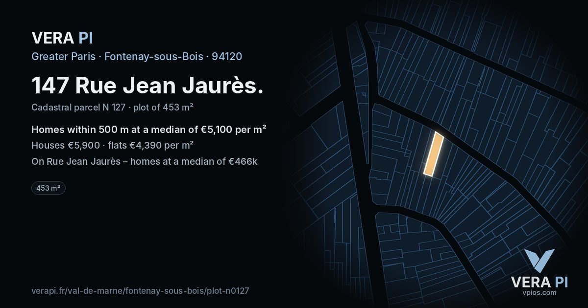 147 Rue Jean Jaurès, Fontenay-sous-Bois at night – the plot lit, the parcels around coloured by the prices near them