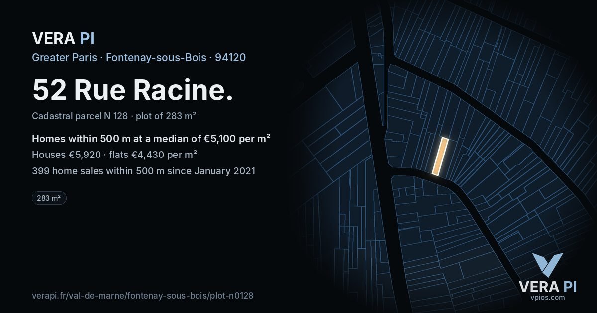 52 Rue Racine, Fontenay-sous-Bois at night – the plot lit, the parcels around coloured by the prices near them