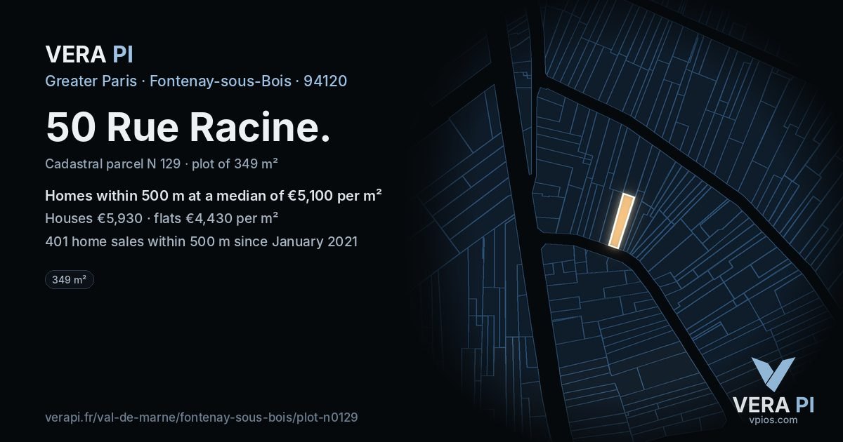 50 Rue Racine, Fontenay-sous-Bois at night – the plot lit, the parcels around coloured by the prices near them