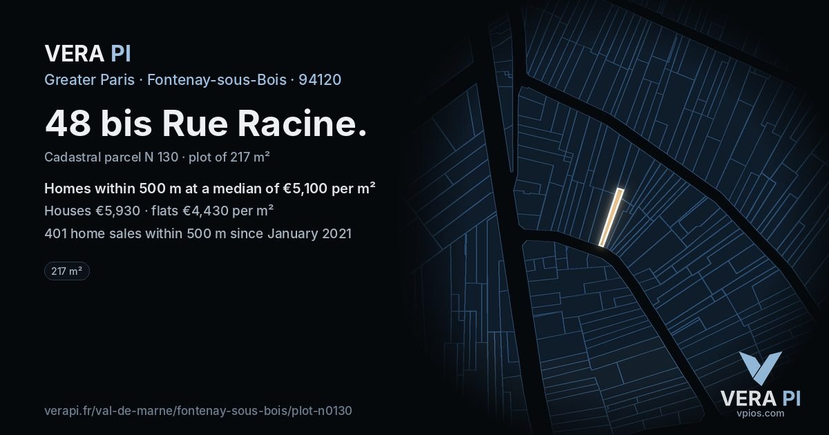 48 bis Rue Racine, Fontenay-sous-Bois at night – the plot lit, the parcels around coloured by the prices near them