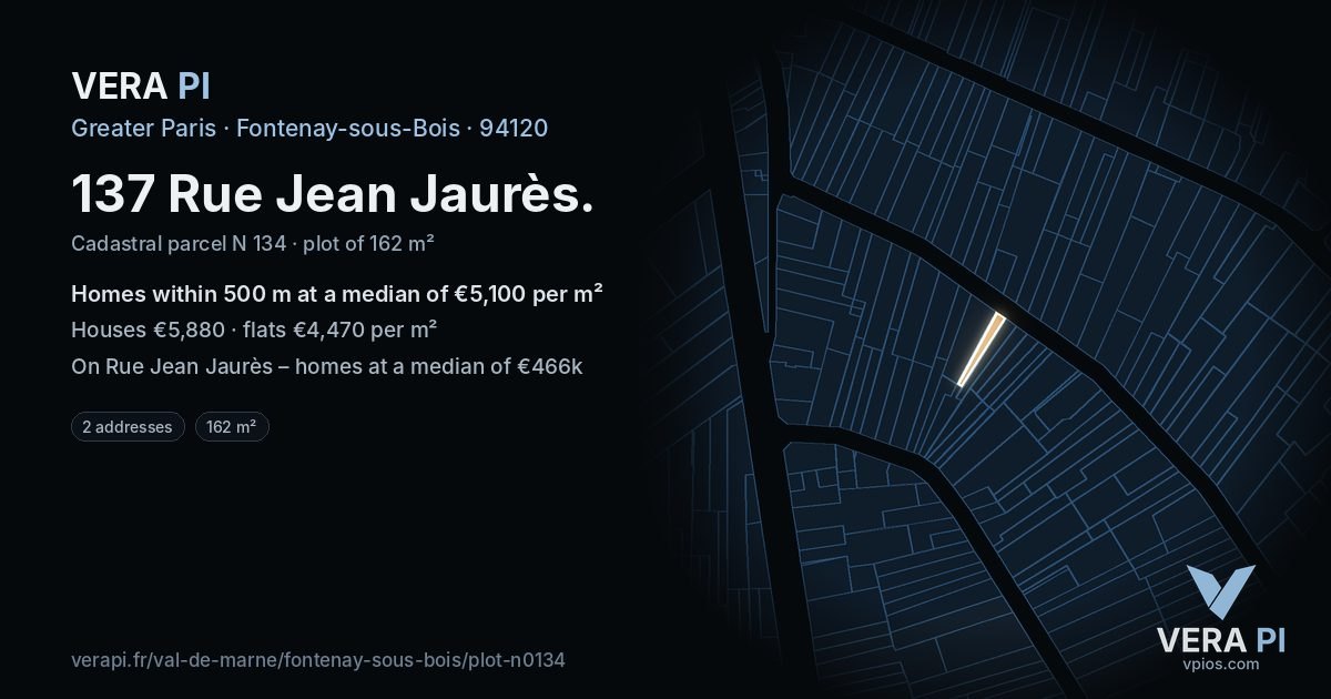 137 Rue Jean Jaurès, Fontenay-sous-Bois at night – the plot lit, the parcels around coloured by the prices near them