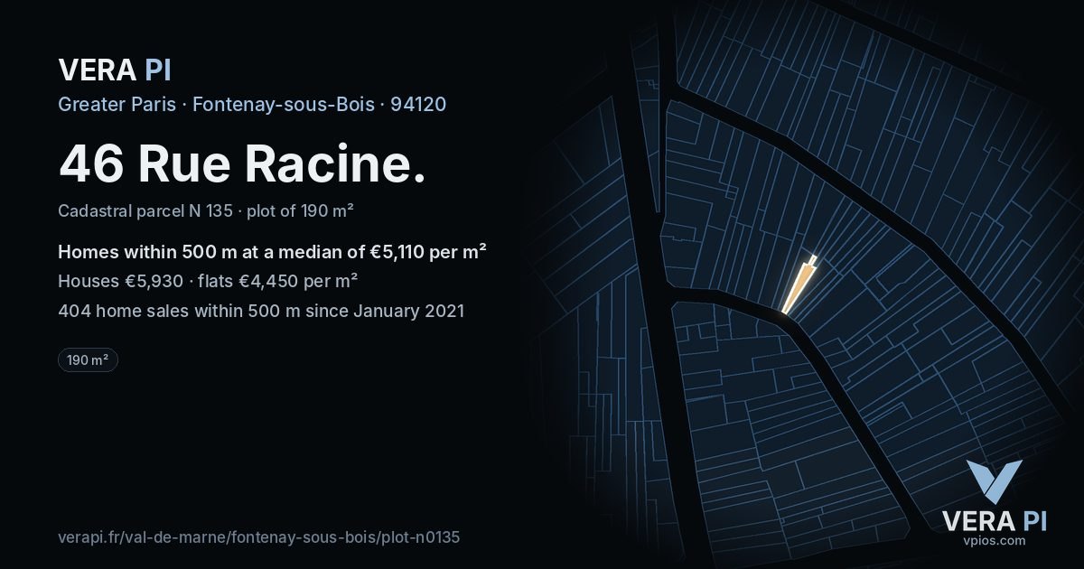 46 Rue Racine, Fontenay-sous-Bois at night – the plot lit, the parcels around coloured by the prices near them