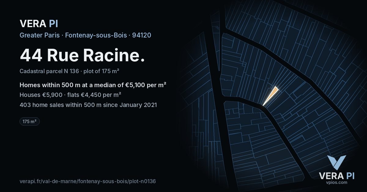 44 Rue Racine, Fontenay-sous-Bois at night – the plot lit, the parcels around coloured by the prices near them