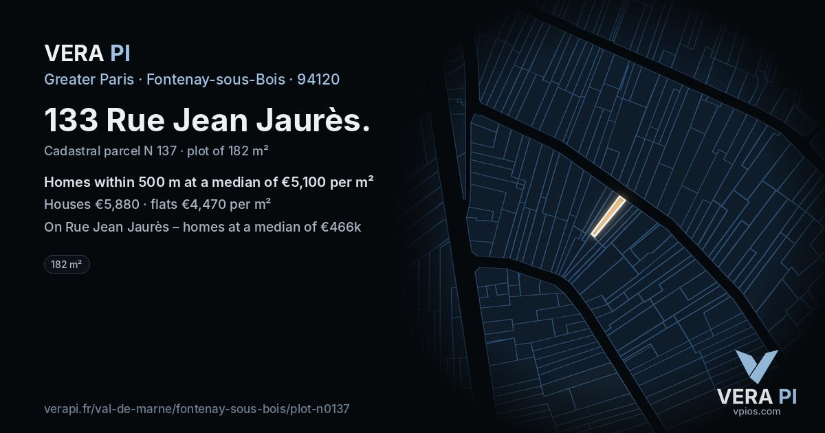 133 Rue Jean Jaurès, Fontenay-sous-Bois at night – the plot lit, the parcels around coloured by the prices near them