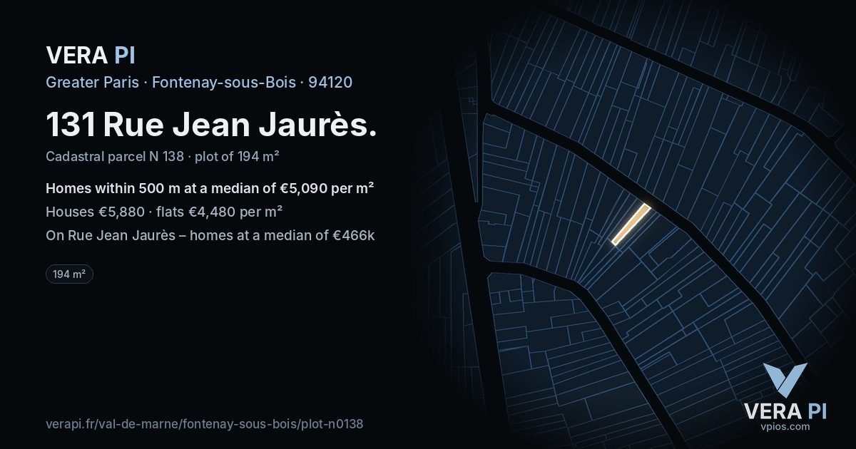 131 Rue Jean Jaurès, Fontenay-sous-Bois at night – the plot lit, the parcels around coloured by the prices near them