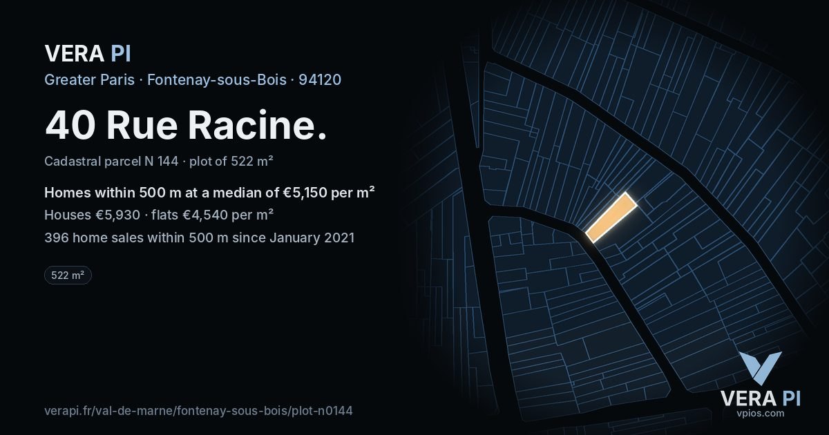 40 Rue Racine, Fontenay-sous-Bois at night – the plot lit, the parcels around coloured by the prices near them