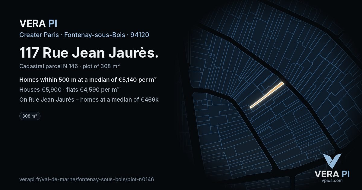 117 Rue Jean Jaurès, Fontenay-sous-Bois at night – the plot lit, the parcels around coloured by the prices near them