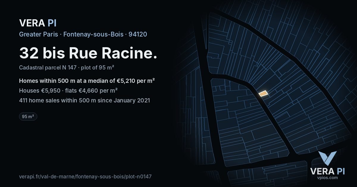 32 bis Rue Racine, Fontenay-sous-Bois at night – the plot lit, the parcels around coloured by the prices near them
