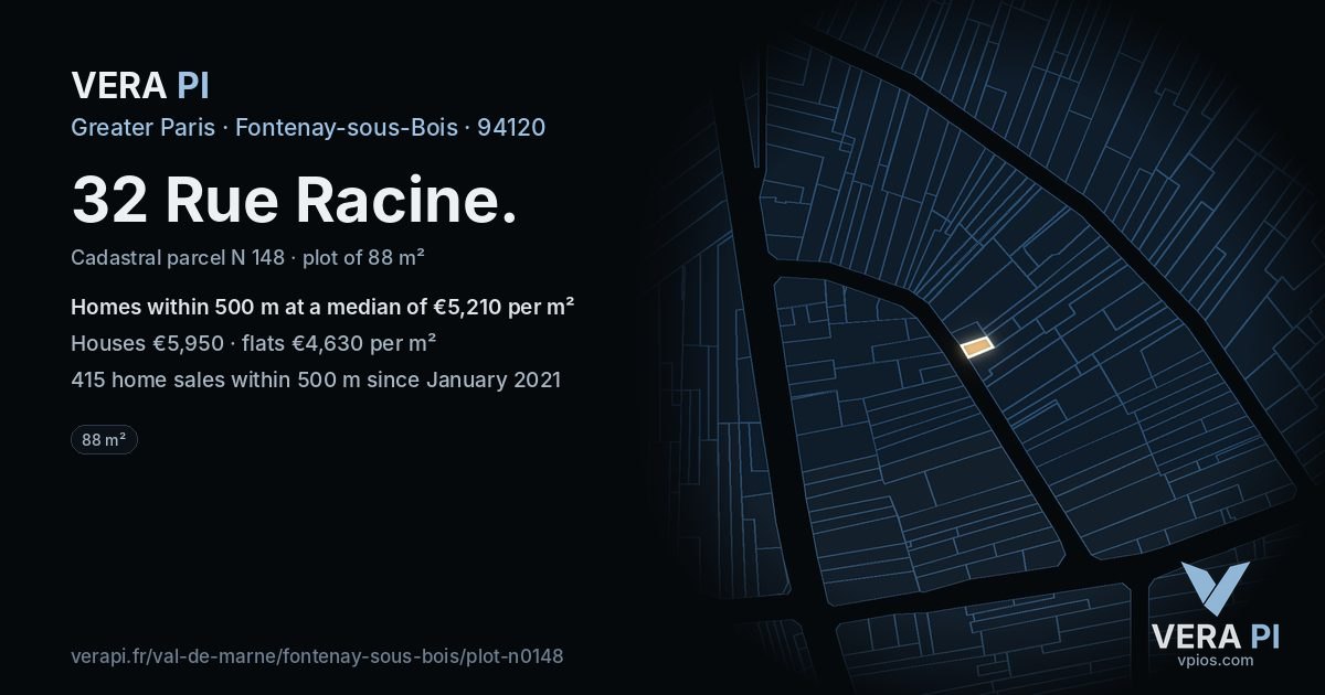 32 Rue Racine, Fontenay-sous-Bois at night – the plot lit, the parcels around coloured by the prices near them