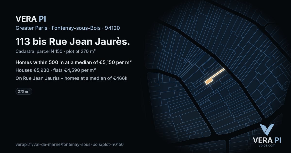 113 bis Rue Jean Jaurès, Fontenay-sous-Bois at night – the plot lit, the parcels around coloured by the prices near them