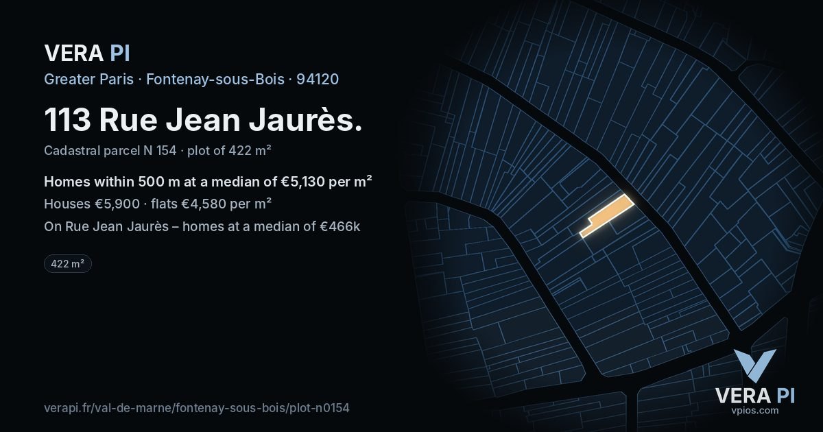 113 Rue Jean Jaurès, Fontenay-sous-Bois at night – the plot lit, the parcels around coloured by the prices near them