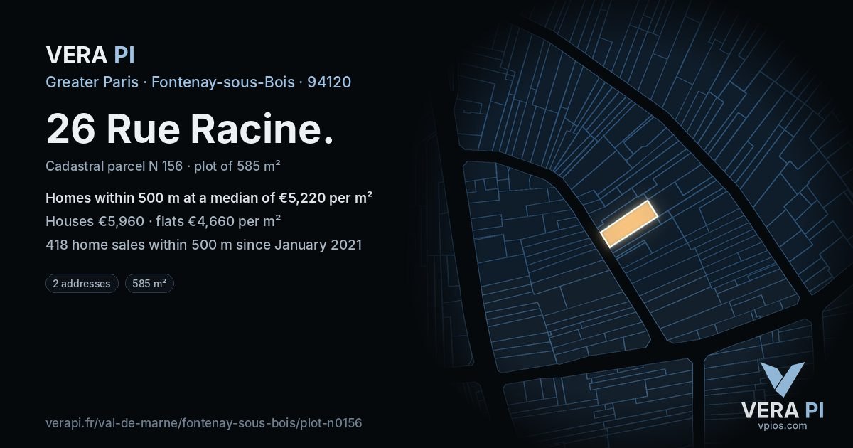 26 Rue Racine, Fontenay-sous-Bois at night – the plot lit, the parcels around coloured by the prices near them
