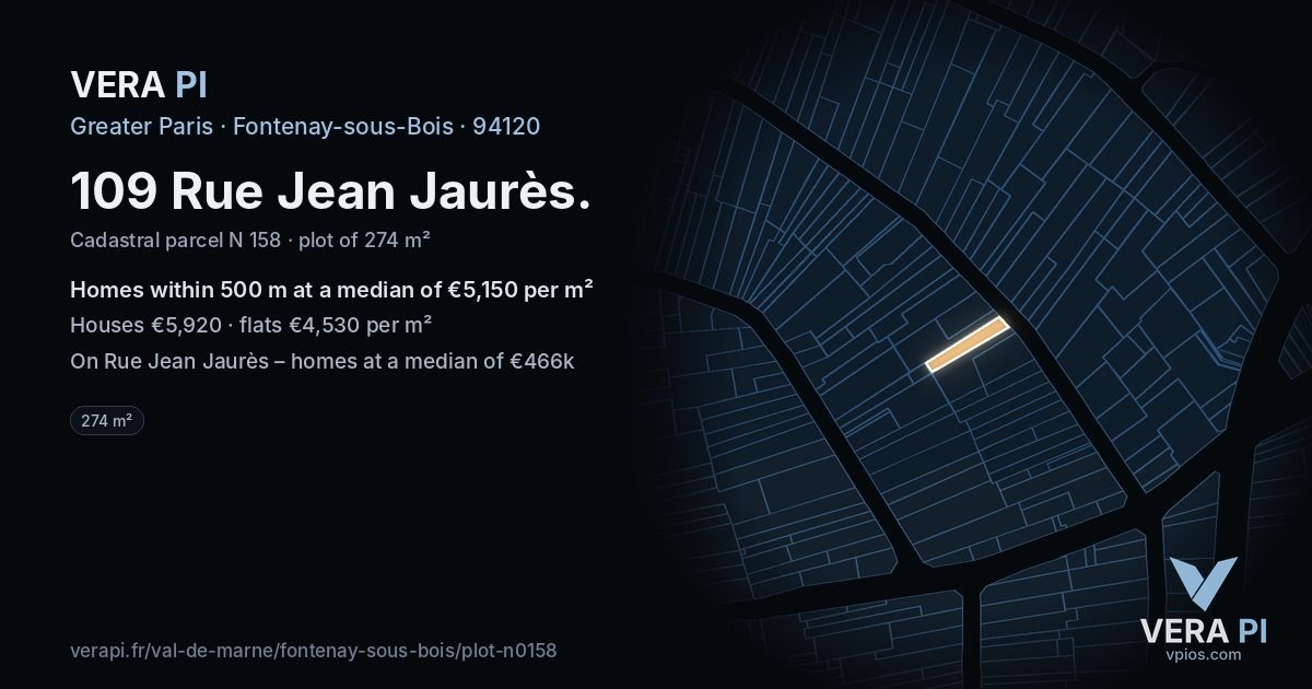 109 Rue Jean Jaurès, Fontenay-sous-Bois at night – the plot lit, the parcels around coloured by the prices near them