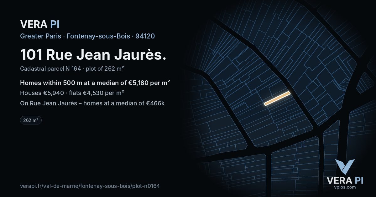 101 Rue Jean Jaurès, Fontenay-sous-Bois at night – the plot lit, the parcels around coloured by the prices near them