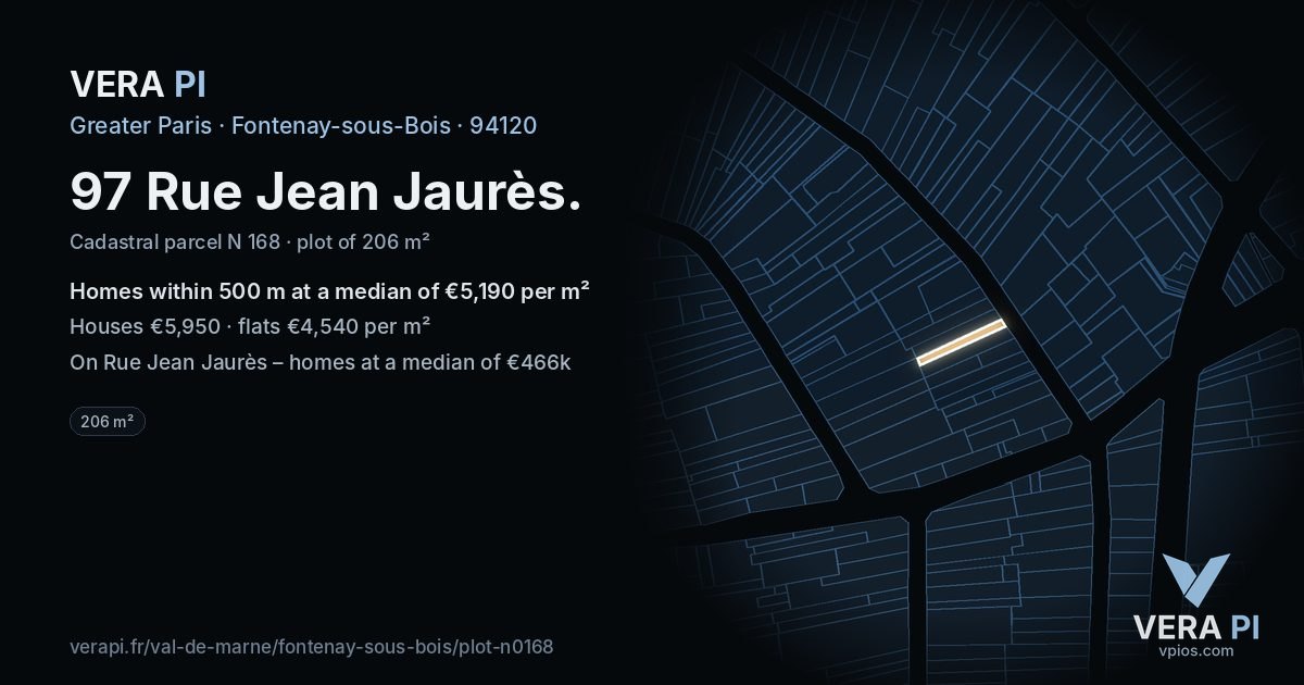 97 Rue Jean Jaurès, Fontenay-sous-Bois at night – the plot lit, the parcels around coloured by the prices near them