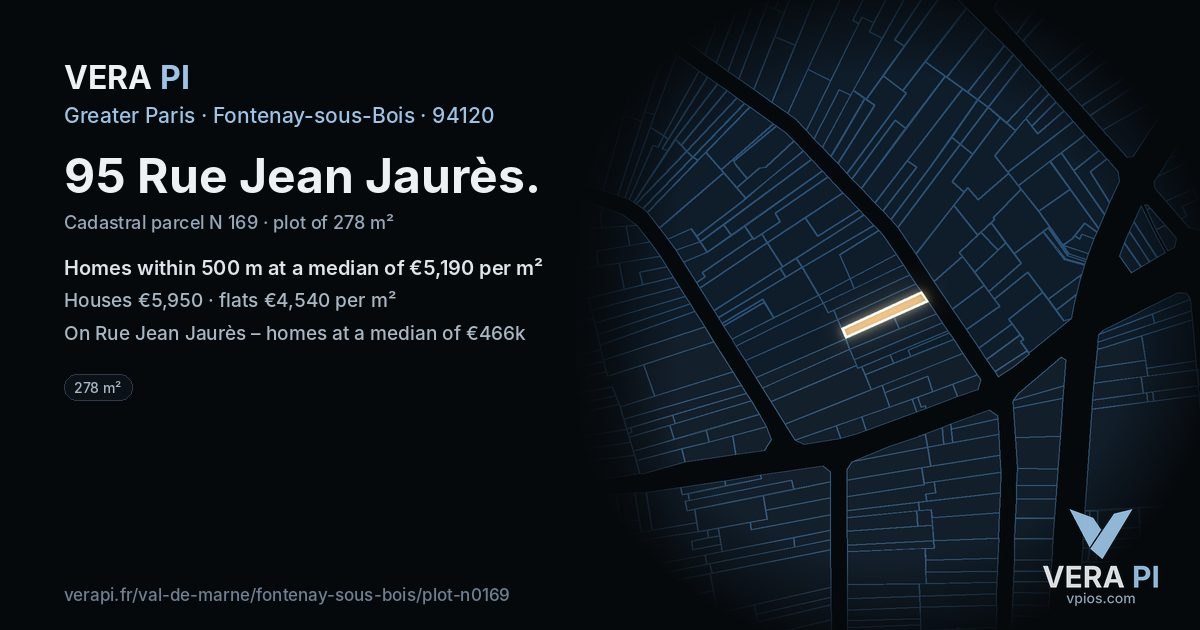 95 Rue Jean Jaurès, Fontenay-sous-Bois at night – the plot lit, the parcels around coloured by the prices near them