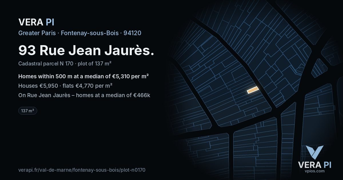 93 Rue Jean Jaurès, Fontenay-sous-Bois at night – the plot lit, the parcels around coloured by the prices near them