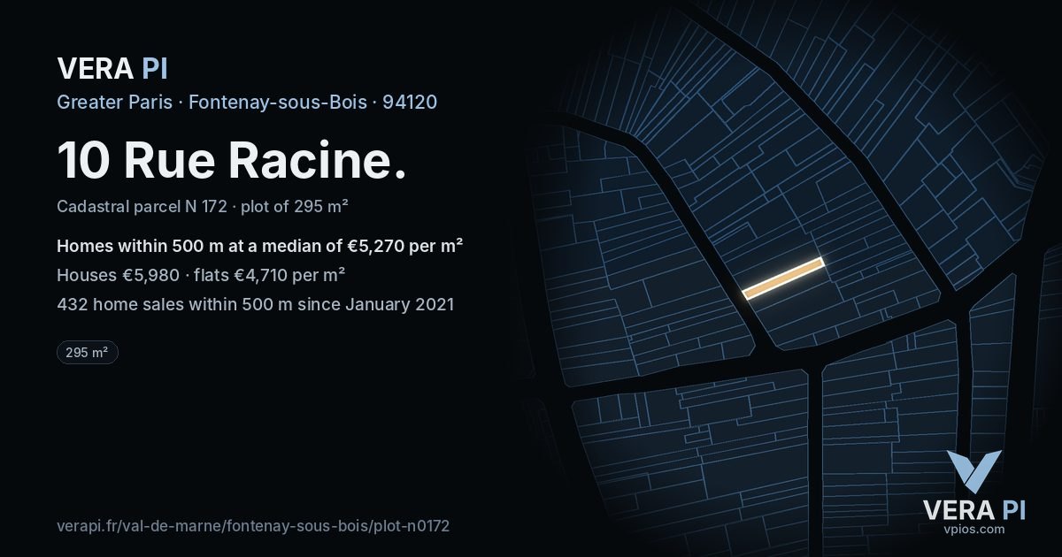 10 Rue Racine, Fontenay-sous-Bois at night – the plot lit, the parcels around coloured by the prices near them