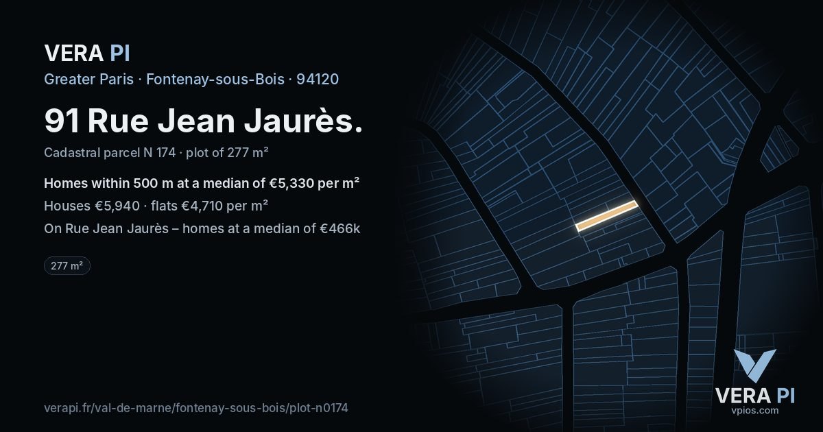 91 Rue Jean Jaurès, Fontenay-sous-Bois at night – the plot lit, the parcels around coloured by the prices near them