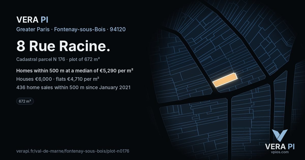 8 Rue Racine, Fontenay-sous-Bois at night – the plot lit, the parcels around coloured by the prices near them