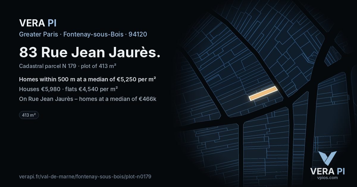 83 Rue Jean Jaurès, Fontenay-sous-Bois at night – the plot lit, the parcels around coloured by the prices near them