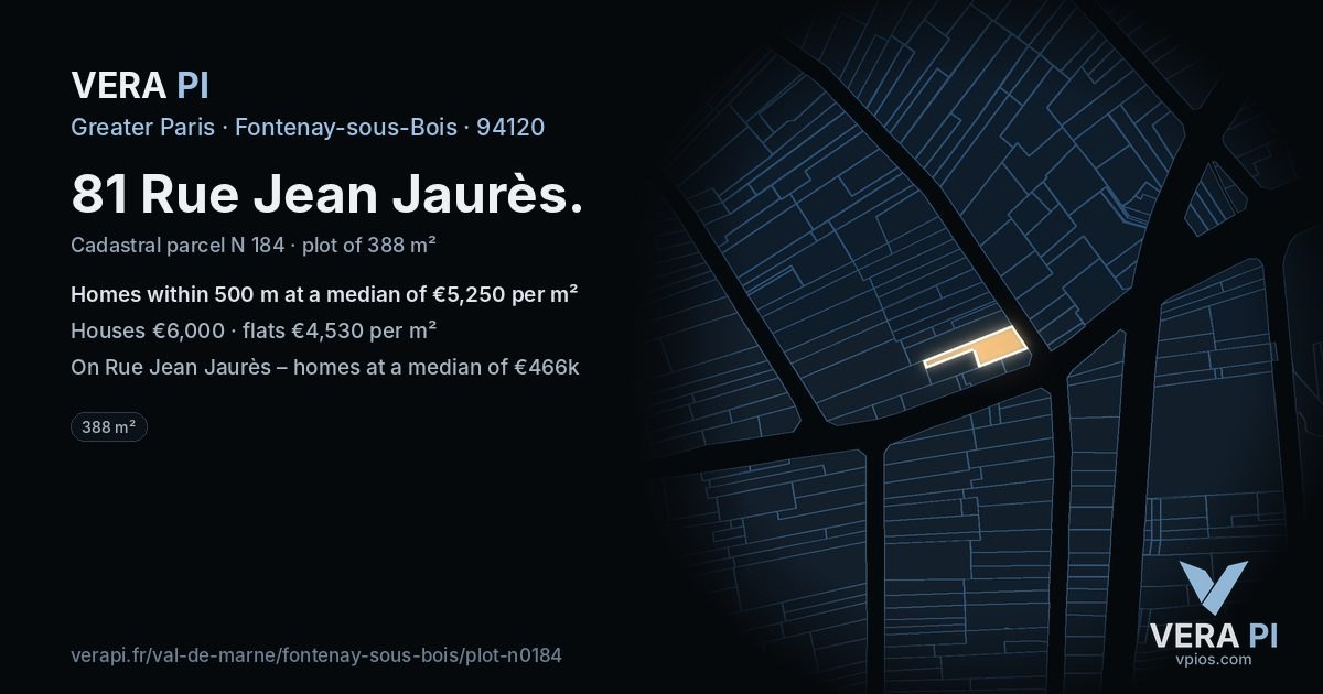 81 Rue Jean Jaurès, Fontenay-sous-Bois at night – the plot lit, the parcels around coloured by the prices near them