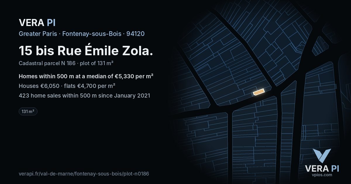 15 bis Rue Émile Zola, Fontenay-sous-Bois at night – the plot lit, the parcels around coloured by the prices near them