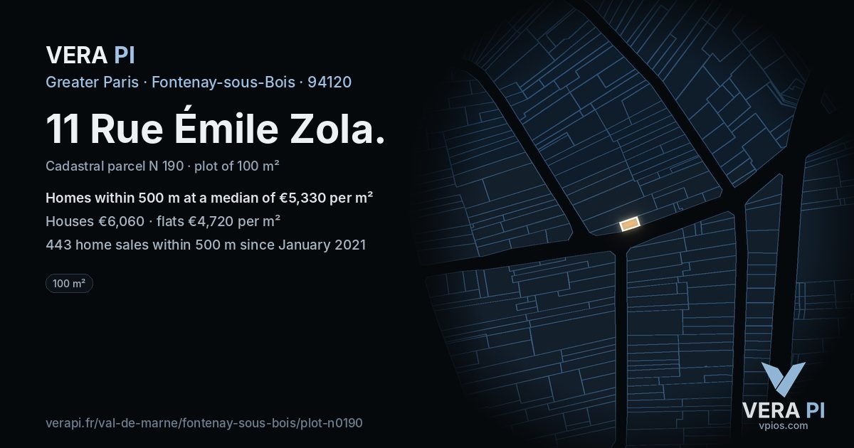 11 Rue Émile Zola, Fontenay-sous-Bois at night – the plot lit, the parcels around coloured by the prices near them